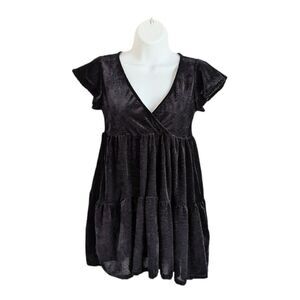 NWT SEE YOU MONDAY Black velvet tiered V-neck mini dress Small @L1